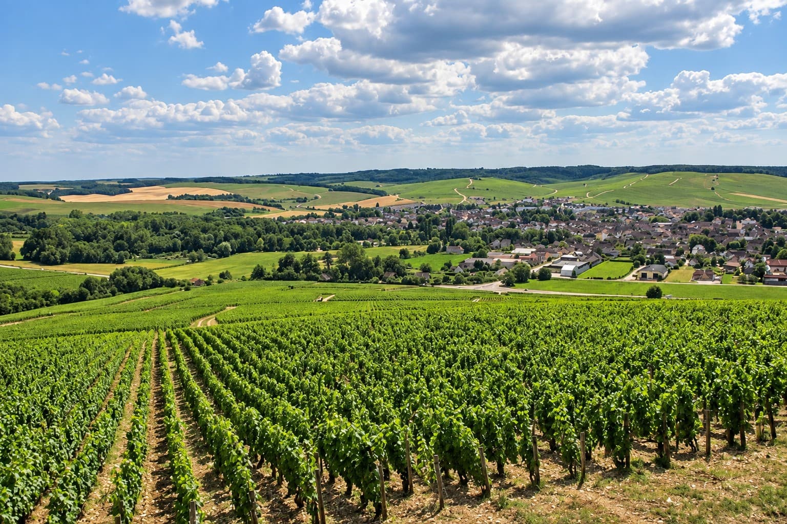 The Chablis vineyard, its vine rows and the village below